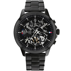 Tommy Hilfiger Henry 1710478 men's watch with black case skeleton dial and black steel bracelet