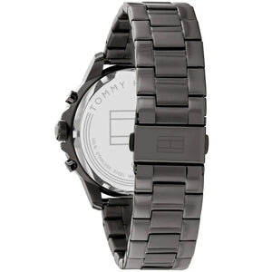 Left side perspective of the Tommy Hilfiger 1710479 skeleton dial and gunmetal bracelet