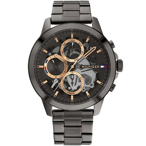 Tommy Hilfiger Henry 1710479 men's watch with gunmetal case skeleton dial and rose gold accents