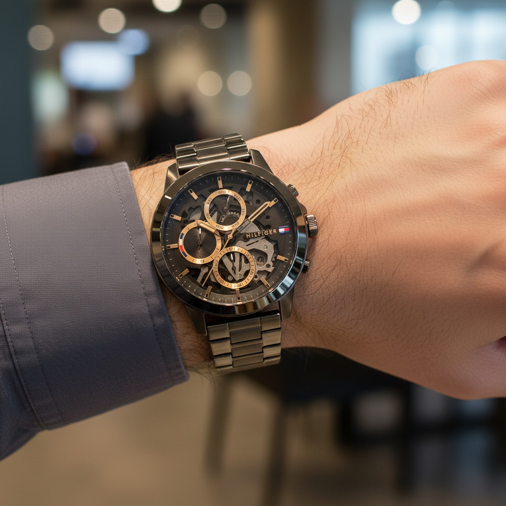 Close up shot of Tommy Hilfiger 1710479 watch on wrist showing the exposed gears and rose gold details