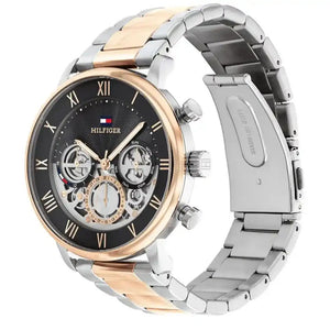 Angled view of the Tommy Hilfiger 1710570 highlighting the polished silver and rose gold stainless steel case