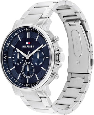 Angled view of the Tommy Hilfiger 1710588 highlighting the polished silver stainless steel case