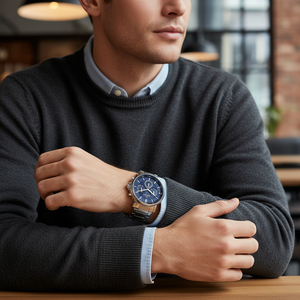 Male model wearing Tommy Hilfiger 1710588 silver watch with a smart casual outfit