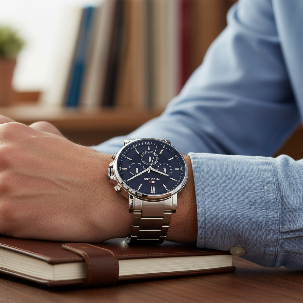 Close up shot of Tommy Hilfiger 1710588 watch on wrist showing the diamond-cut sub-eyes and blue dial