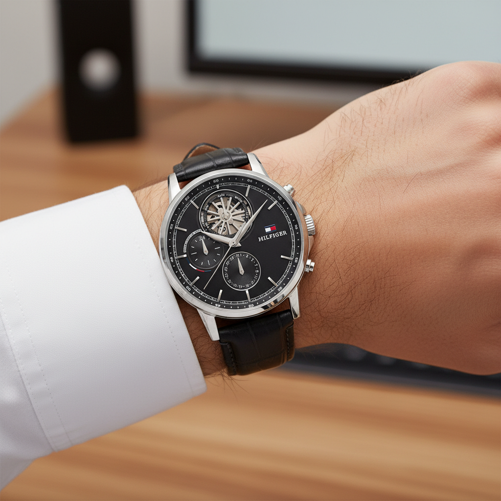 Close up shot of Tommy Hilfiger 1710605 watch on wrist showing the black skeleton dial and silver case