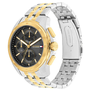 Left side perspective of the two-tone case and stainless steel link bracelet of the Tommy Hilfiger watch