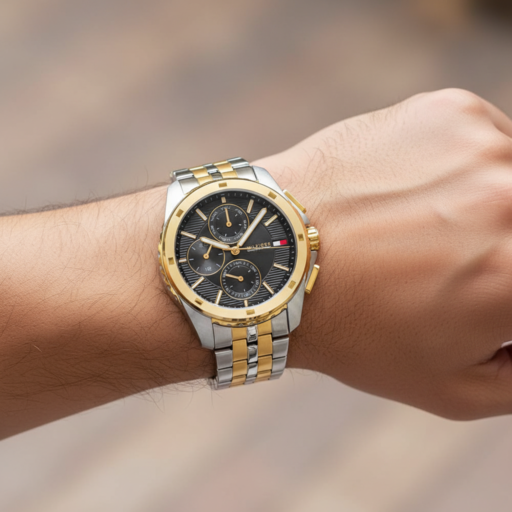 Close up shot of Tommy Hilfiger 1710621 on wrist showing the black dial with multi-function sub-dials and gold-tone hands