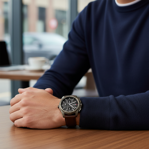 Man wearing Tommy Hilfiger Walker gunmetal and brown leather watch for a sophisticated and elegant professional look