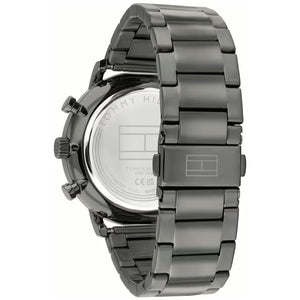 Left side perspective of the Tommy Hilfiger 1710707 navy skeleton dial and link bracelet