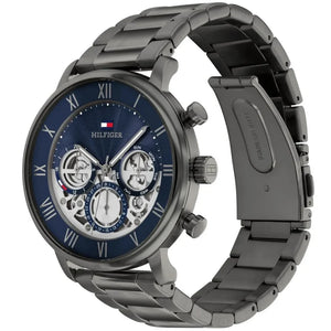 Angled view of the Tommy Hilfiger 1710707 highlighting the gunmetal finish and navy dial depth