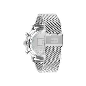 Angled view of the Tommy Hilfiger 1710708 highlighting the polished silver-tone case and crown