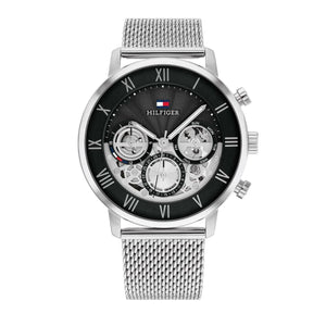 Tommy Hilfiger Owen 1710708 men's watch with silver mesh bracelet and black skeleton dial