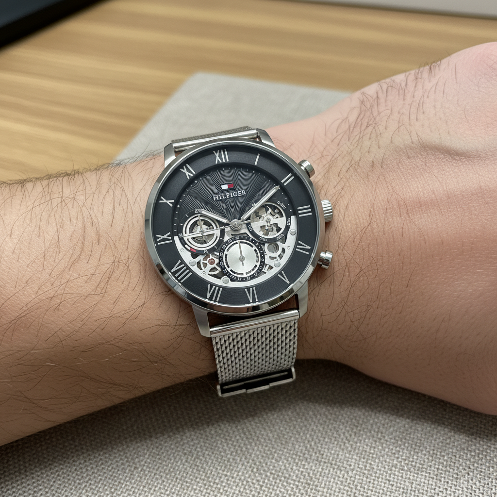 Close up shot of Tommy Hilfiger 1710708 watch on wrist showing the intricate skeleton dial and Roman numerals