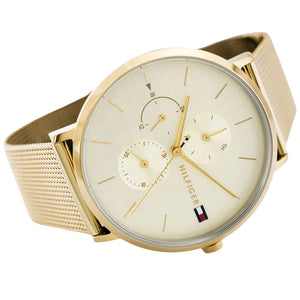 Left side perspective of the gold stainless steel milanese mesh strap on the Tommy Hilfiger Jenna watch