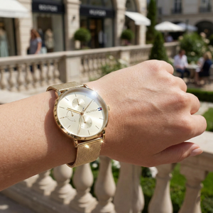Close up shot of Tommy Hilfiger 1781943 on wrist showing the gold champagne dial and multi-function sub-dials