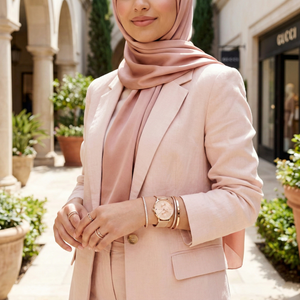 Woman wearing Tommy Hilfiger Jenna rose gold mesh watch for an elegant and romantic modern luxury look