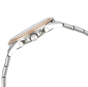 Detailed side view of the silver-tone crown and the sparkling crystal accents on the rose gold bezel of the 1781976