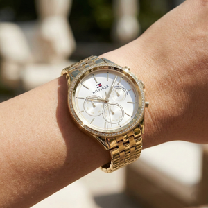 Close up shot of Tommy Hilfiger 1781977 on wrist showing the off-white dial and sparkling crystal bezel details