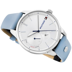 Angled view of Tommy Hilfiger 1782023 highlighting the polished silver-tone case and the TH logo on the strap
