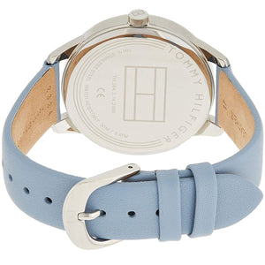 Silver-tone stainless steel buckle clasp on the light blue leather strap of the 1782023