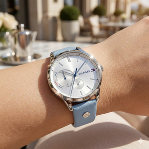 Close up shot of Tommy Hilfiger 1782023 on wrist showing the silver sunray dial and soft light blue leather texture