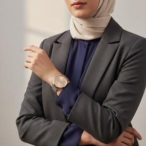 Female model wearing Tommy Hilfiger 1782151 silver mesh watch with a delicate feminine outfit