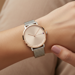 Close up shot of Tommy Hilfiger 1782151 watch on wrist showing the slim case and rose gold sunray dial
