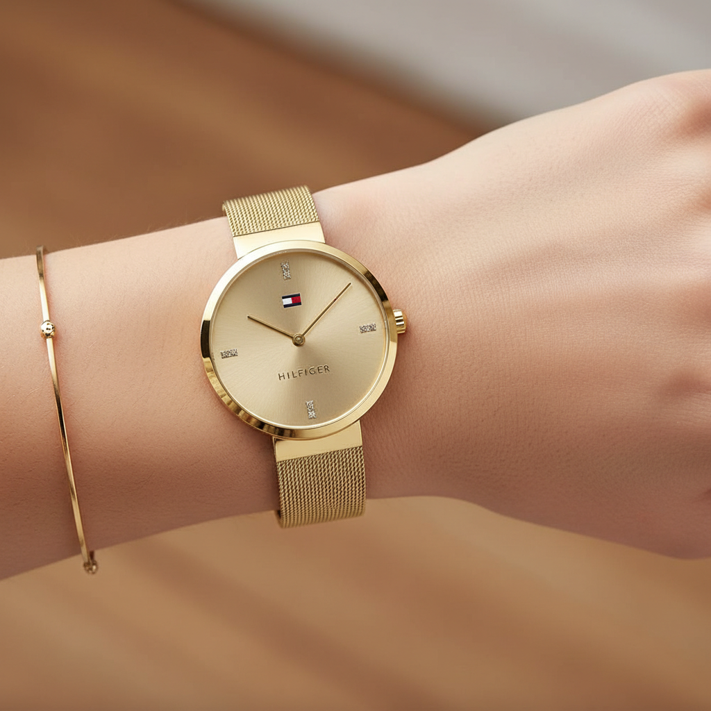 Close up shot of Tommy Hilfiger 1782217 watch on wrist showing the minimalist gold dial