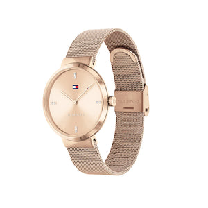 Left side perspective of the Tommy Hilfiger 1782218 rose gold dial and mesh strap