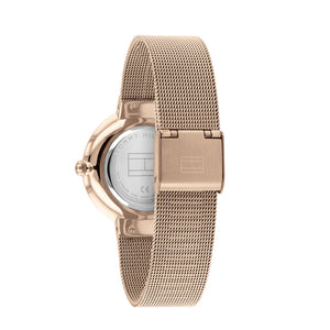 Angled view of the Tommy Hilfiger 1782218 highlighting the polished rose gold stainless steel case