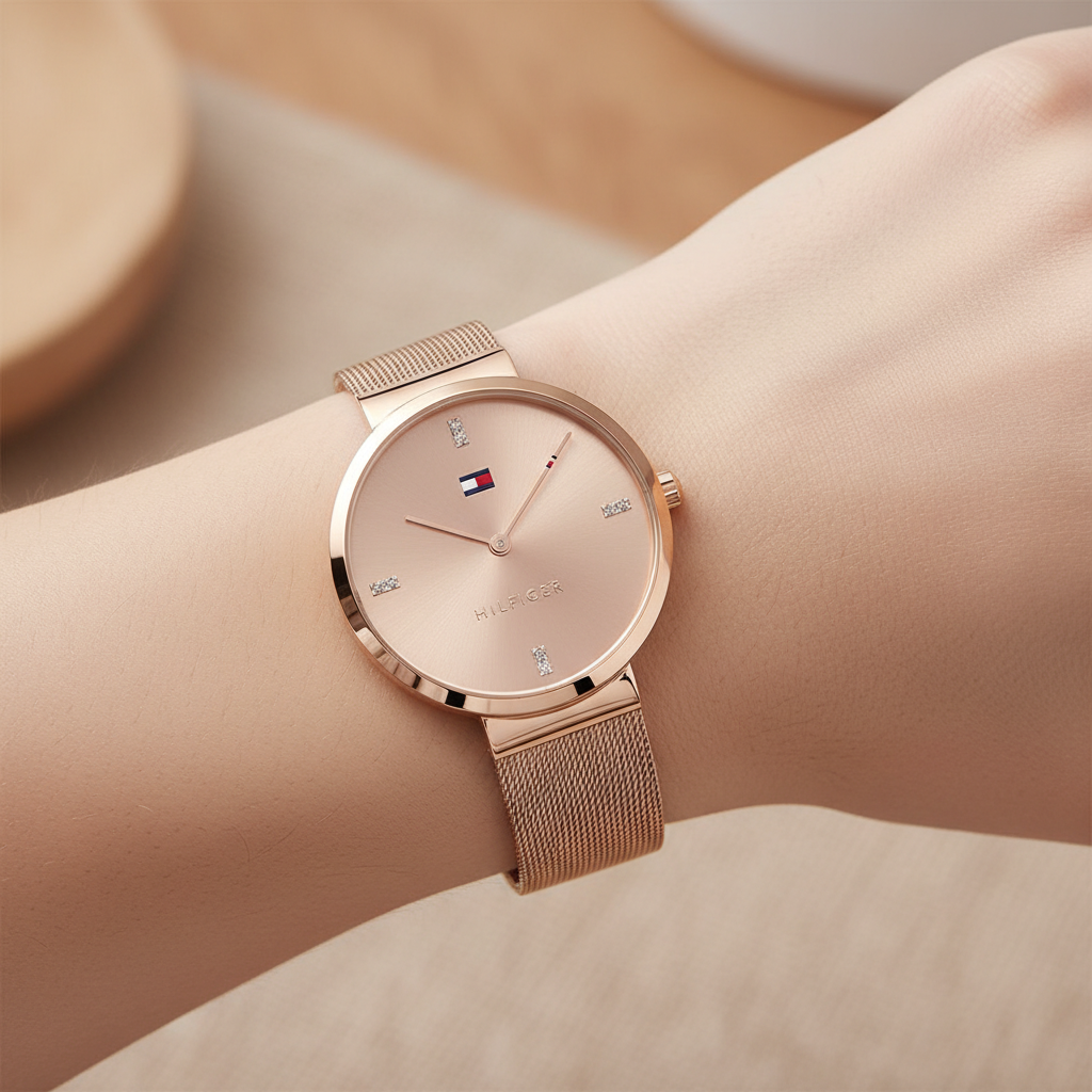Close up shot of Tommy Hilfiger 1782218 watch on wrist showing the minimalist rose gold dial