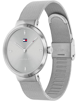Left side perspective of the Tommy Hilfiger 1782220 silver dial and mesh strap