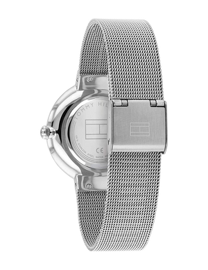 Angled view of the Tommy Hilfiger 1782220 highlighting the polished silver stainless steel case