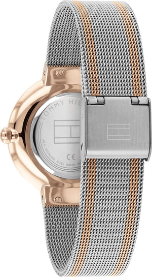 Angled view of the Tommy Hilfiger 1782221 highlighting the polished two-tone case