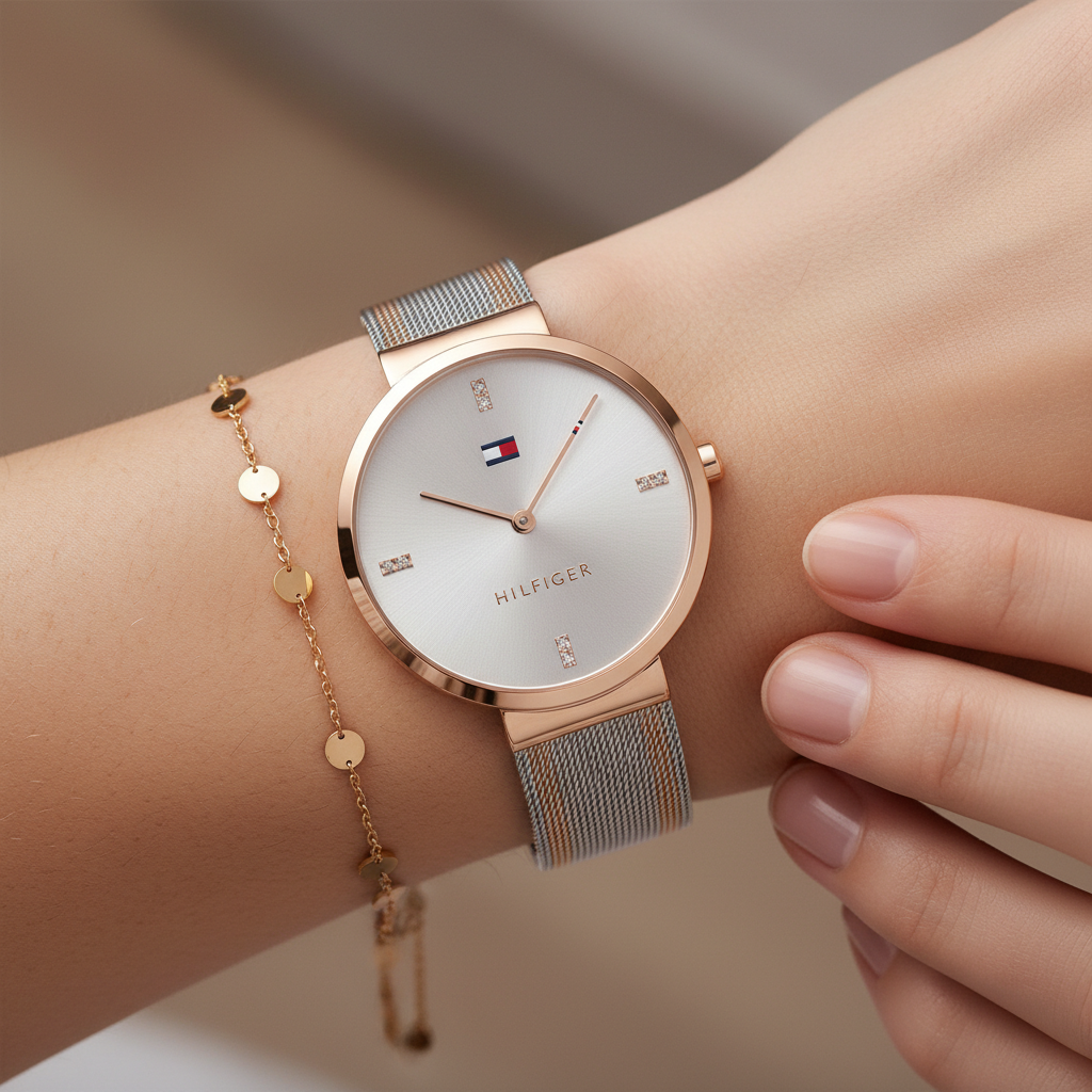 Close up shot of Tommy Hilfiger 1782221 watch on wrist showing the silver dial and rose gold bezel