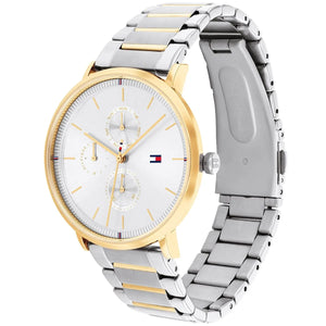 Angled view of the Tommy Hilfiger 1782299 highlighting the gold-tone bezel and silver-tone case