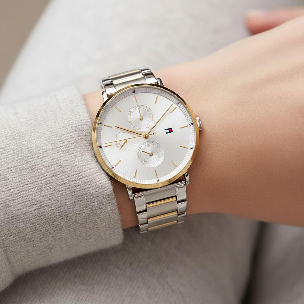 Close up shot of Tommy Hilfiger 1782299 watch on wrist showing the silver sunray dial and gold accents