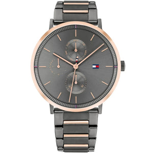 Tommy Hilfiger Jenna 1782300 women's watch with gunmetal case, rose gold bezel, and two-tone bracelet