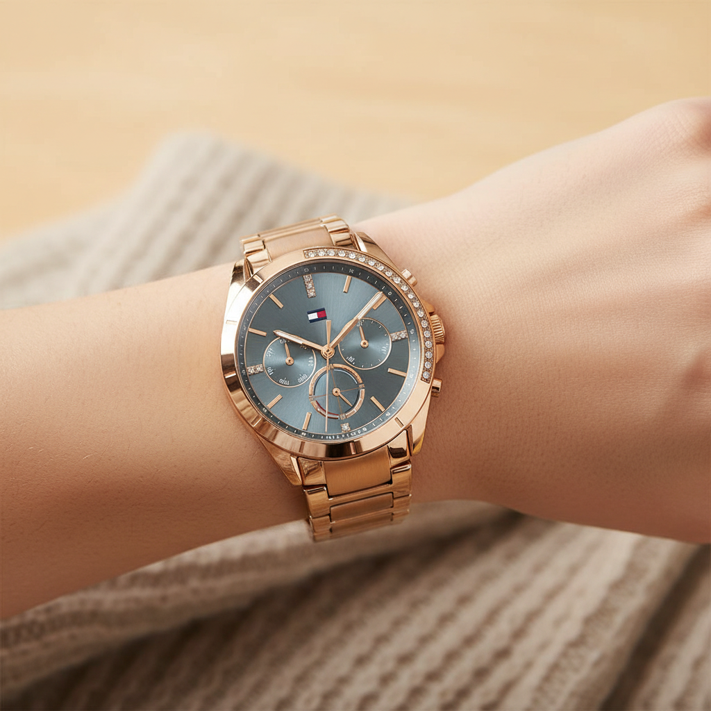 Detailed macro view of the blue sunray dial and rose gold-tone sub-dials of Tommy Hilfiger 1782386