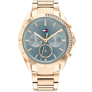 Tommy Hilfiger Kennedy 1782386 women's multifunction watch with rose gold-tone case, blue dial, and steel bracelet
