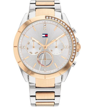 Tommy Hilfiger Kennedy 1782387 women's watch with two-tone silver and rose gold bracelet and partial crystal bezel