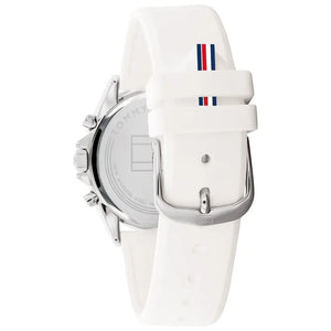 Left side angled perspective showing the elegant silver-tone construction of Tommy Hilfiger 1782388