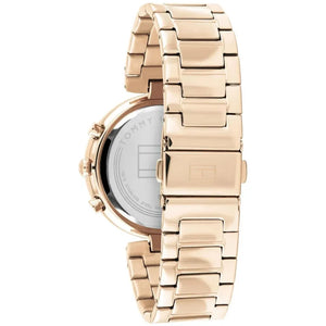 Left side perspective of the Tommy Hilfiger 1782391 rose gold dial and gold bracelet
