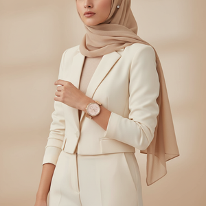 Female model wearing Tommy Hilfiger 1782391 gold watch with a formal royal outfit