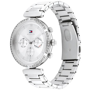 Angled view of the Tommy Hilfiger 1782393 highlighting the polished silver stainless steel case