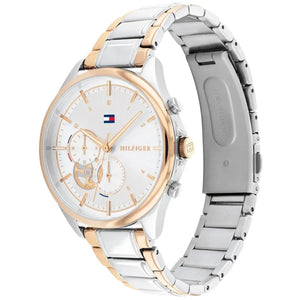 Angled view of the Tommy Hilfiger 1782415 highlighting the polished rose gold bezel and links