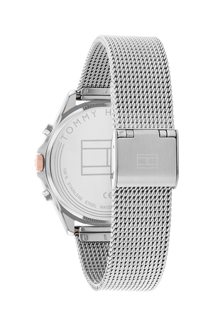 Left side perspective of the Tommy Hilfiger 1782416 silver dial and mesh strap