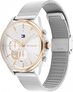Angled view of the Tommy Hilfiger 1782416 highlighting the rose gold-tone bezel and silver-tone case