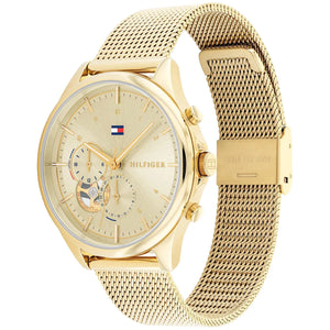 Angled view of Tommy Hilfiger 1782417 highlighting the slim gold-tone case and integrated mesh bracelet