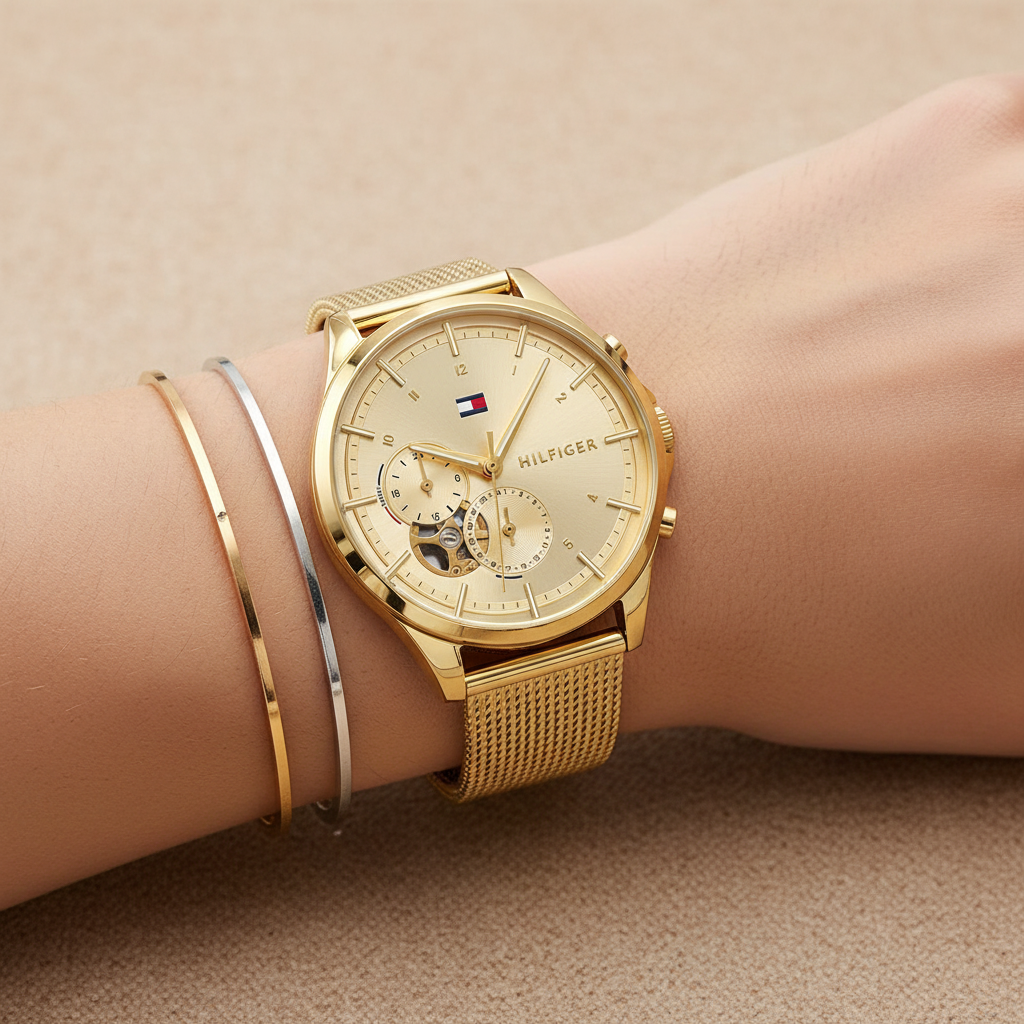 Close up shot of Tommy Hilfiger 1782417 on wrist showing the champagne dial and gold-tone hands